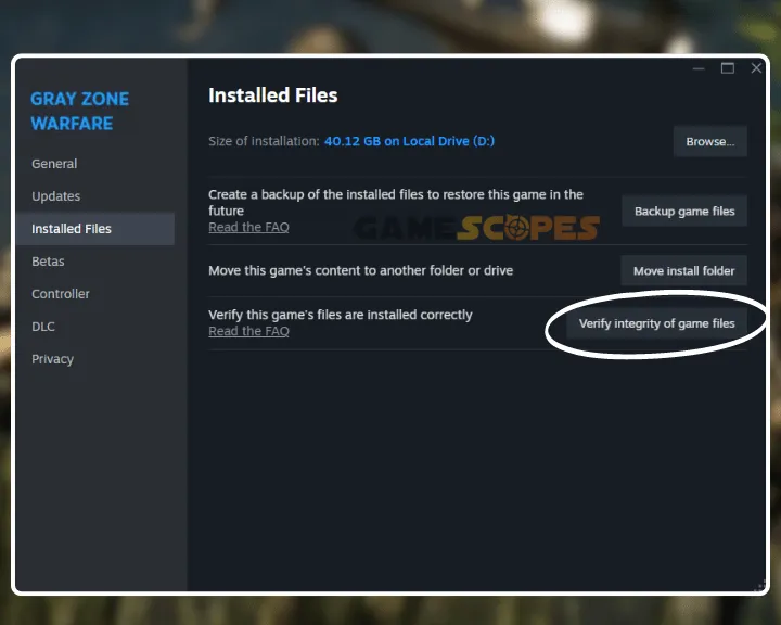 The image shows how to verify files integrity from the Steam launcher, when Gray Zone Warfare not launching on PC.