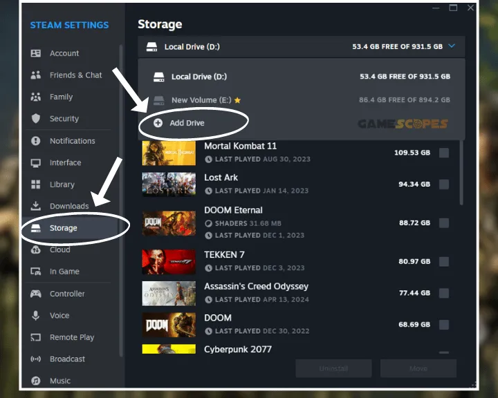 The image is showing how to add a new disk drive to the Steam launcher.