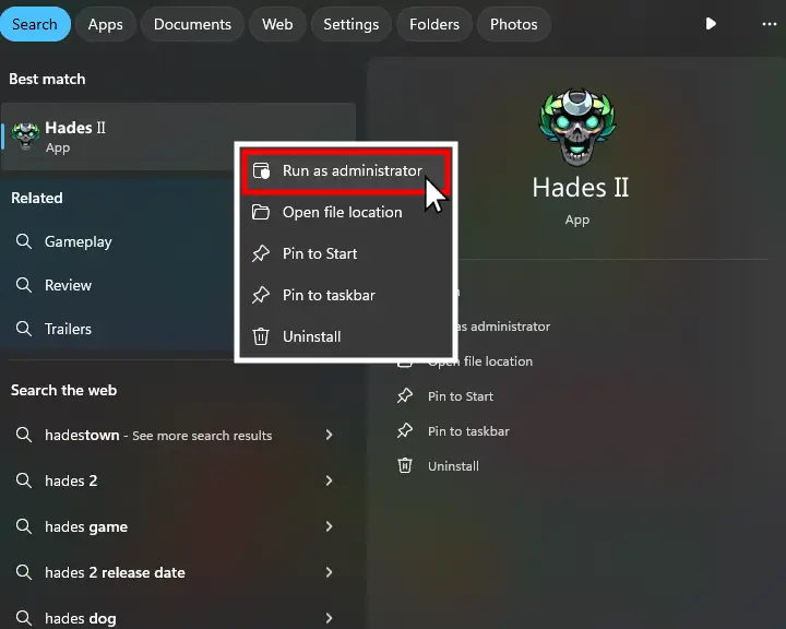 This image shows how to run Hades 2 as administrator on Windows 10 or 11.