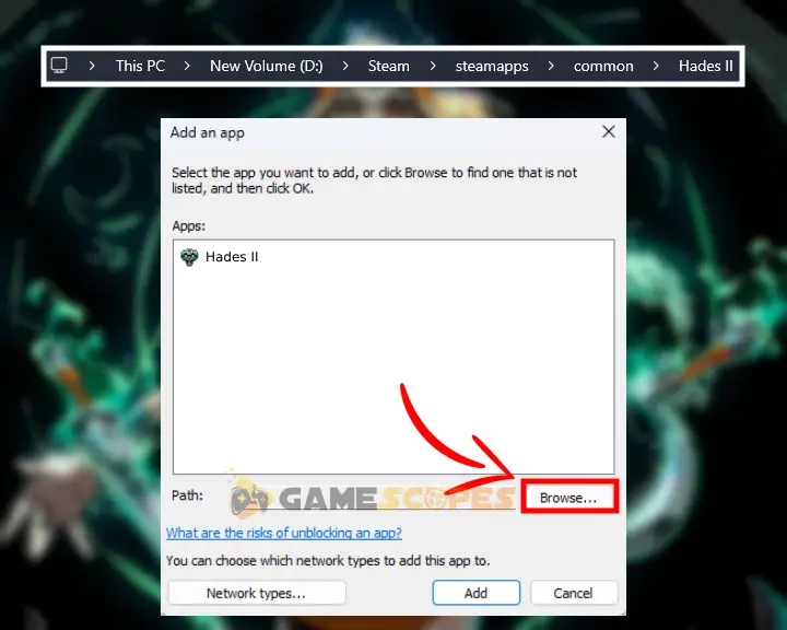 The image shows how to allow games through the Windows Firewall when Hades 2 Crashing on PC.