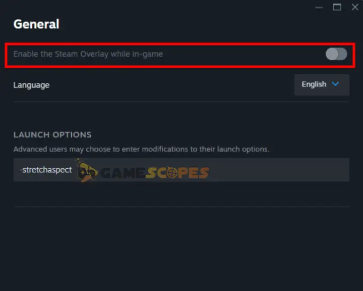 The image shows how to disable the Steam launcher's Overlay.