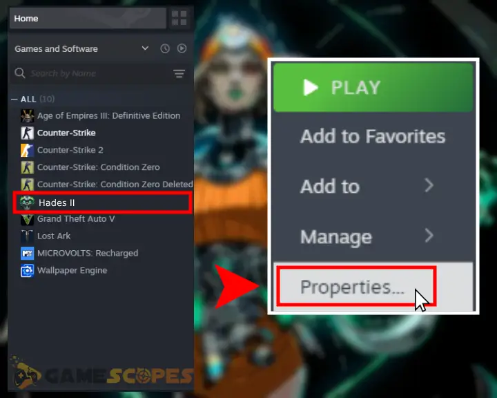 The image shows how to access the Hades 2 properties from the Steam launcher.