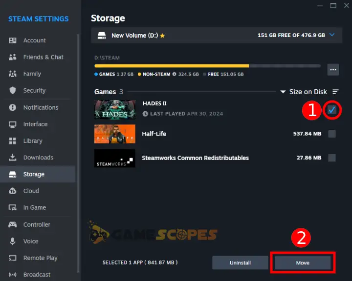 The image shows how to move game's directory from the Steam launcher when Hades 2 crashing on PC.