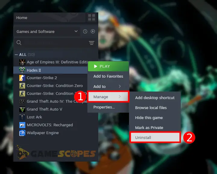 The image shows how to reinstall Hades 2 from the Steam launcher.