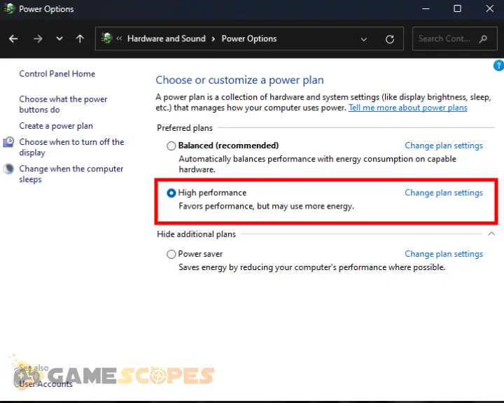 The image is showing how to set Windows's power plan to high-performance against the Hades 2 low FPS.