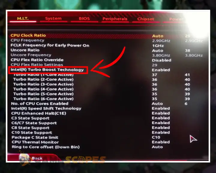 The image is showing how to disable the IntelR Turbo Boost setting against Hades 2 Low FPS.