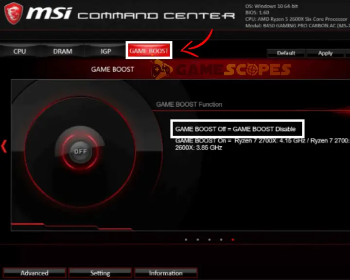 The image is showing how to disable the Game Boost from the BIOS against Hades 2 low FPS problem.