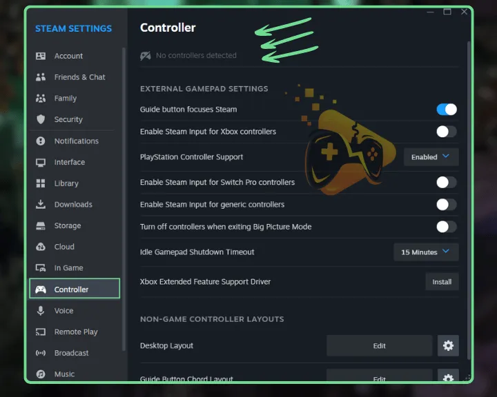 This image shows how to check if Steam detects your connected controller.
