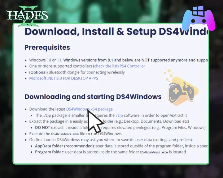 The image is showing how to install DS4Windows when Hades 2 not detecting controller.