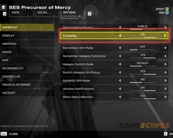 The image shows how to disable the cross-play feature to resolve the Helldivers 2 failed to join game lobby error.