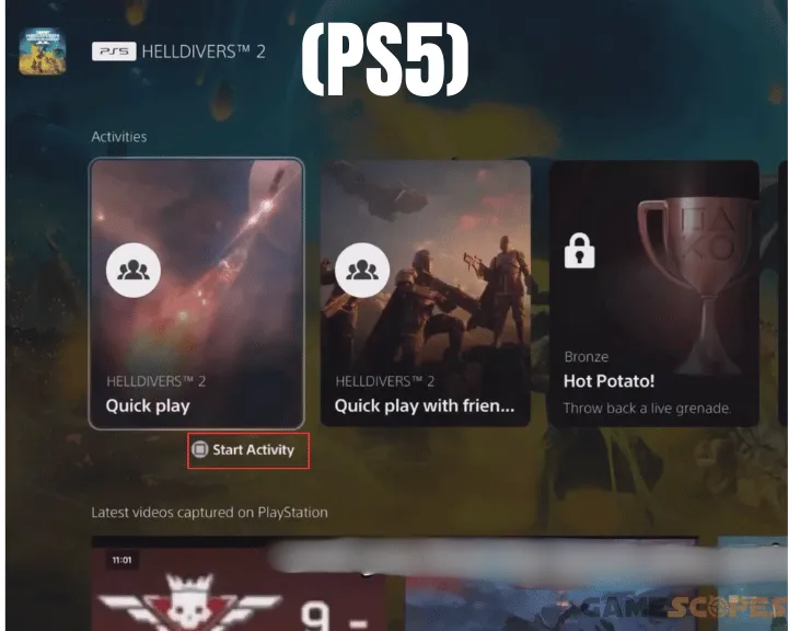 The image shows how to join Helldivers 2 game lobby via quickplay on PS5.