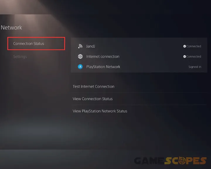The image shows how to check your internet connection on PS5.