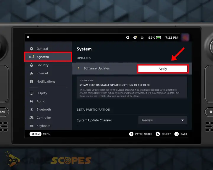 The image shows how to update the firmware version of your Steam Deck.