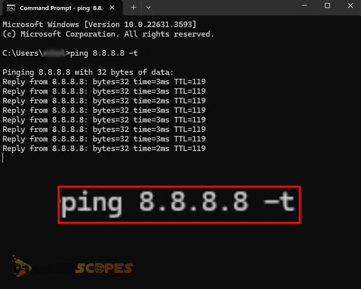 The image is showing how to test your internet consistency by pinging the Google's DNS (ping 8.8.8.8 -t)