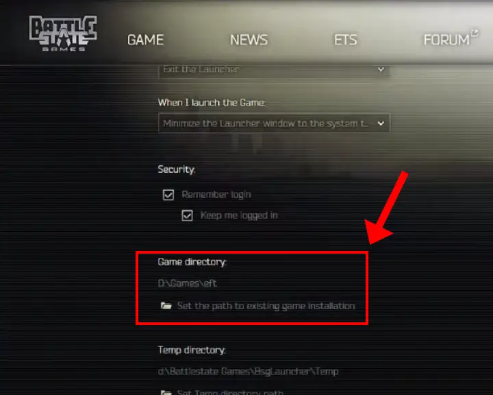 The image is showing how to change the BSG launcher's game installation directory.