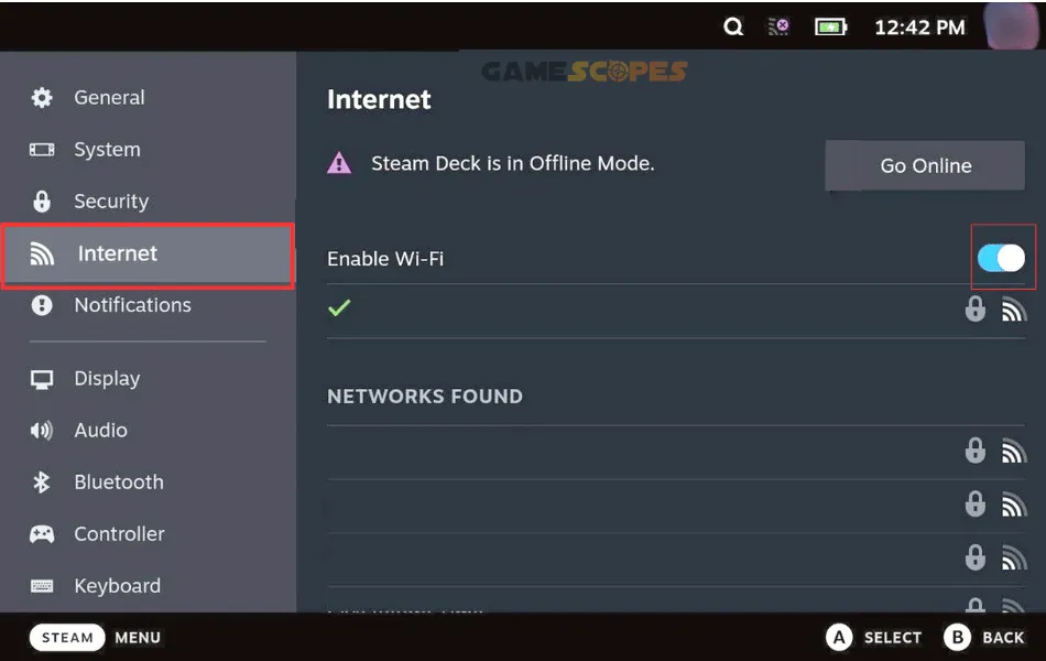 The image visualizes how to disable the Wi-Fi, when Elden Ring not launching on Steam Deck.