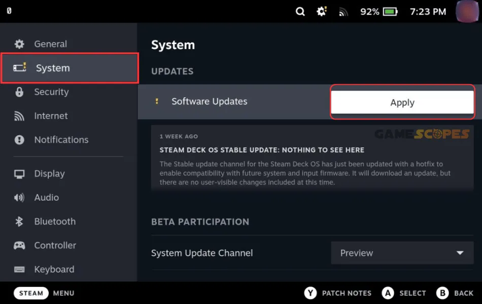 The image shows how to update the firmware version of Steam Deck.