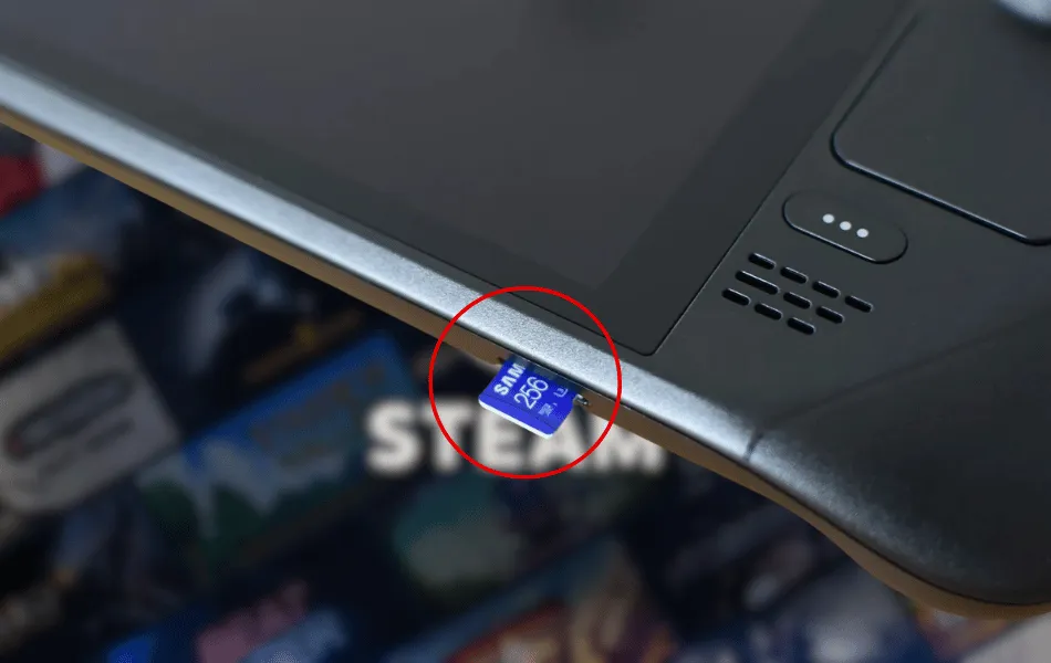 The image simply displays where the microSD card is located on a Steam Deck.