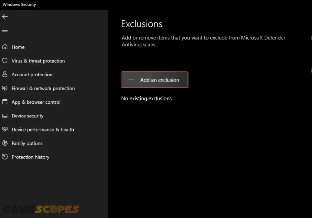 The image shows how to add GameGuard as an exclusion to the Windows Defender.