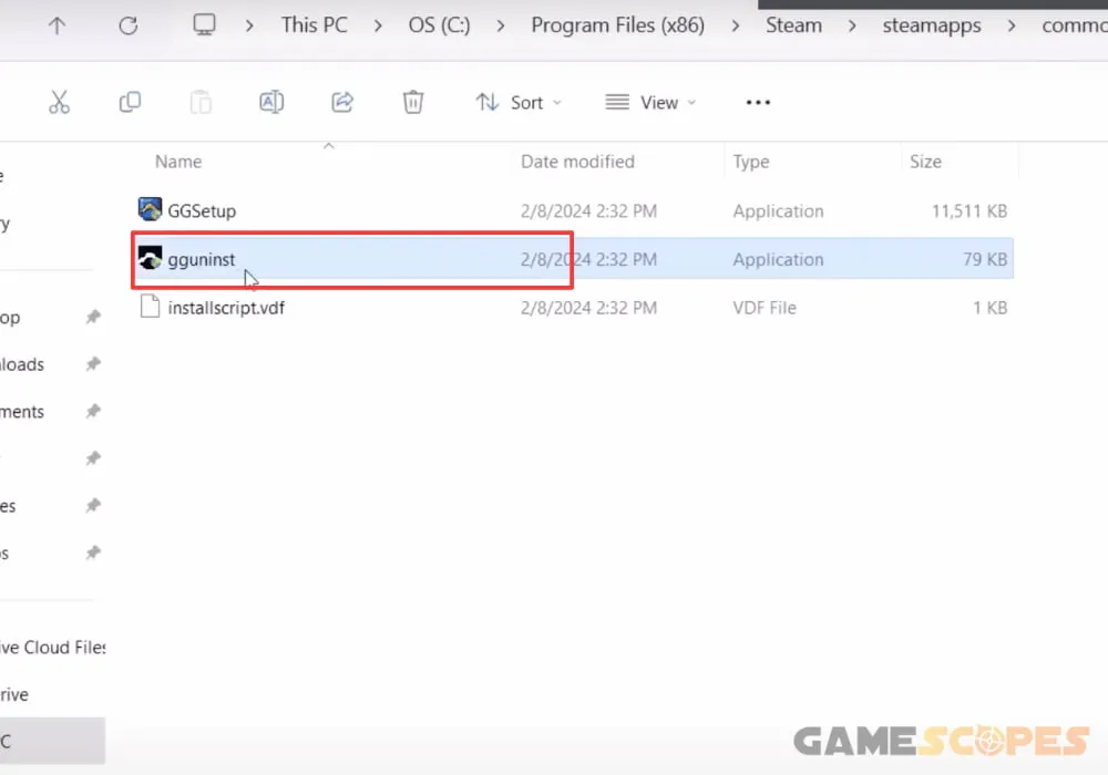 The image shows which application-type file to launch and reinstall GameGuard.