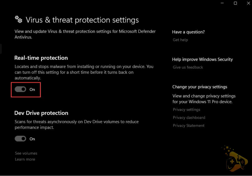The image shows how to temporarily turn off the Windows 10/11 Real-Time protection.