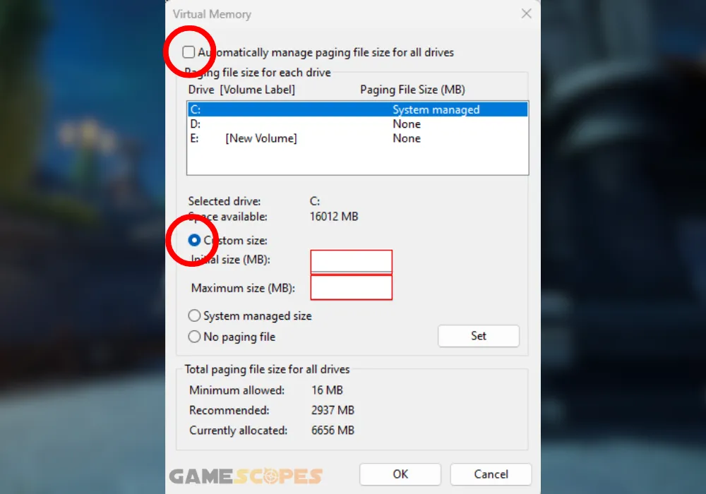 Additional image showing how to adjust the Windows pagefile.