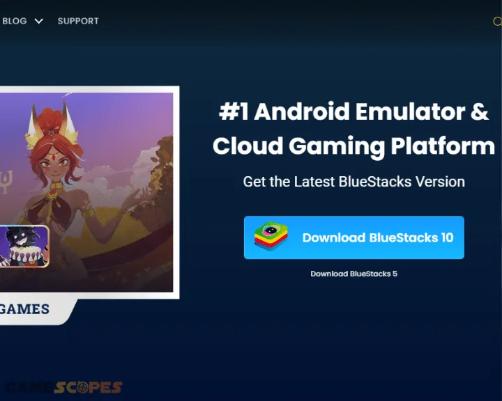 The image shows where to download the BlueStacks launcher.