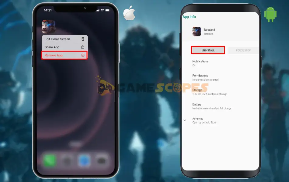 The image shows how to uninstall games on Android and iOS, which helps when Tarisland crashing on mobile.