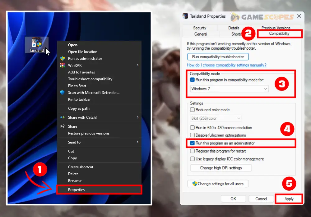 The image shows how to run apps in compatibility mode, which helps when Tarisland not installing on PC.