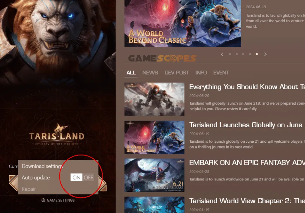 The image shows how to enable the Auto Updates for Tarisland through the launcher.
