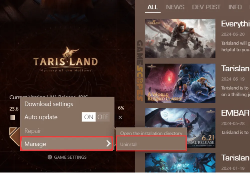 The image shows how to uninstall the game when Tarisland not launching on PC.