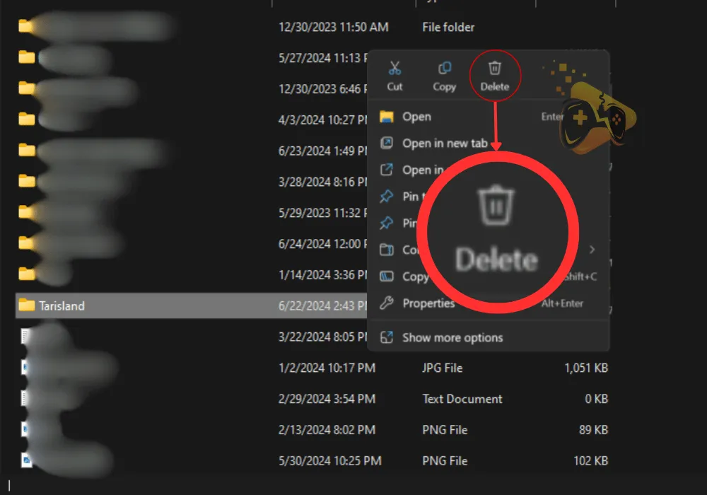 The image shows how to delete the game's folder when Tarisland not launching on PC.