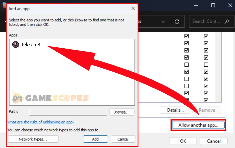 The image showing how to add a game as an exclusion to the Windows Firewall, which will help when Tekken 8 not connecting to server.