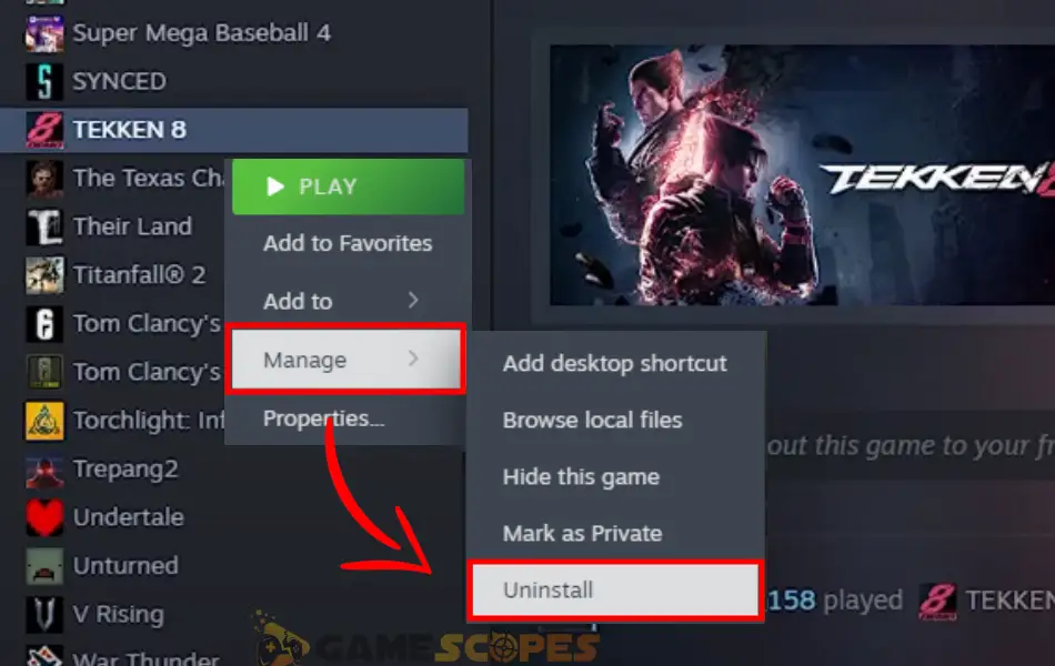 The image shows how to reinstall games on Steam, which helps when Tekken 8 not connecting to server.