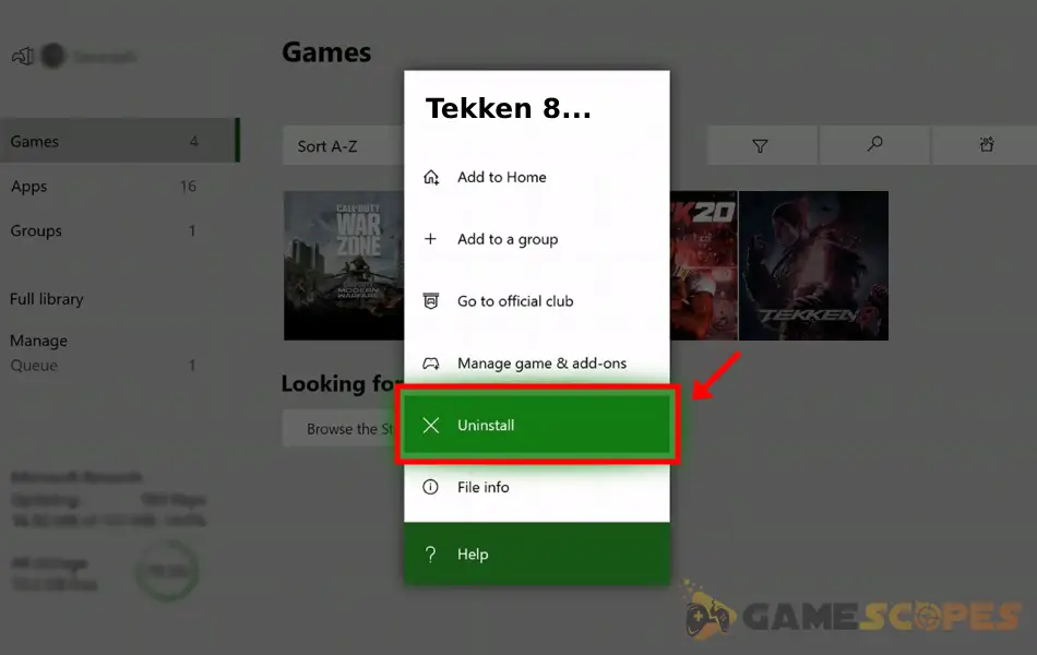 The image is showing how to reinstall games on Xbox, which helps when Tekken 8 not connecting to server.