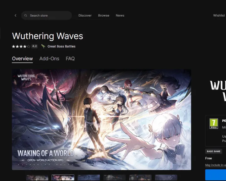 The image shows how to download Wuthering Waves through the Epic Games launcher.
