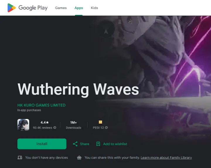The image shows how to play Wuthering Waves on PC through Google Play Games.
