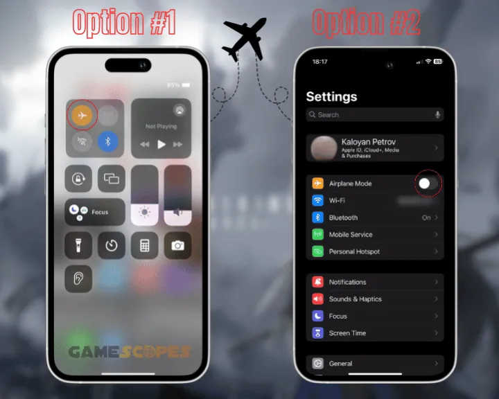 The image shows to ways of enabling the Airplane mode on iOS.