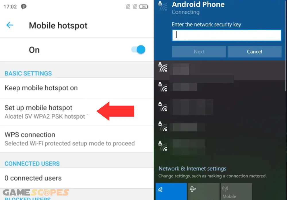 The image shows how to turn on hotspot on Android.
