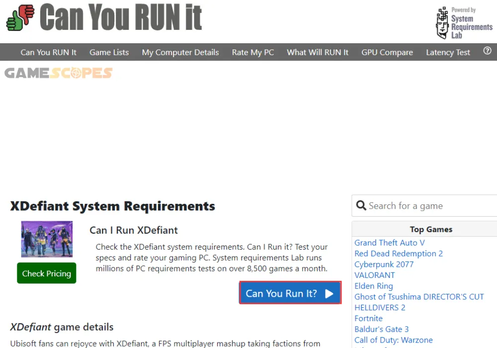 The image shows how to check if you can run XDefient through the Can You Run It website.