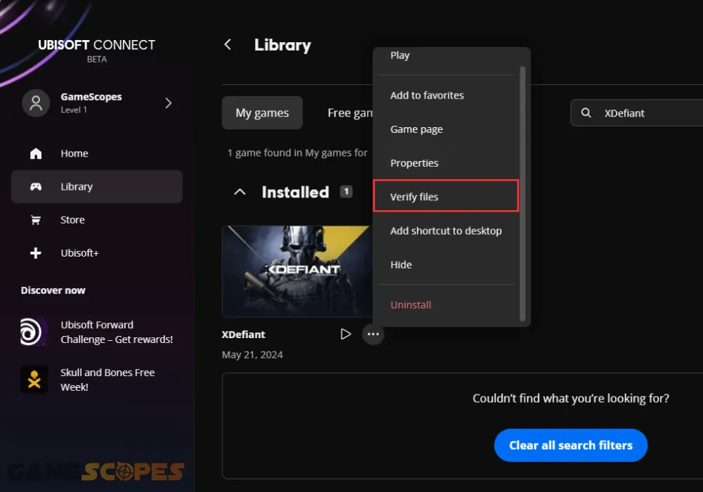 The image shows how to repair game files through the Ubisoft launcher when XDefiant won’t launch on PC.