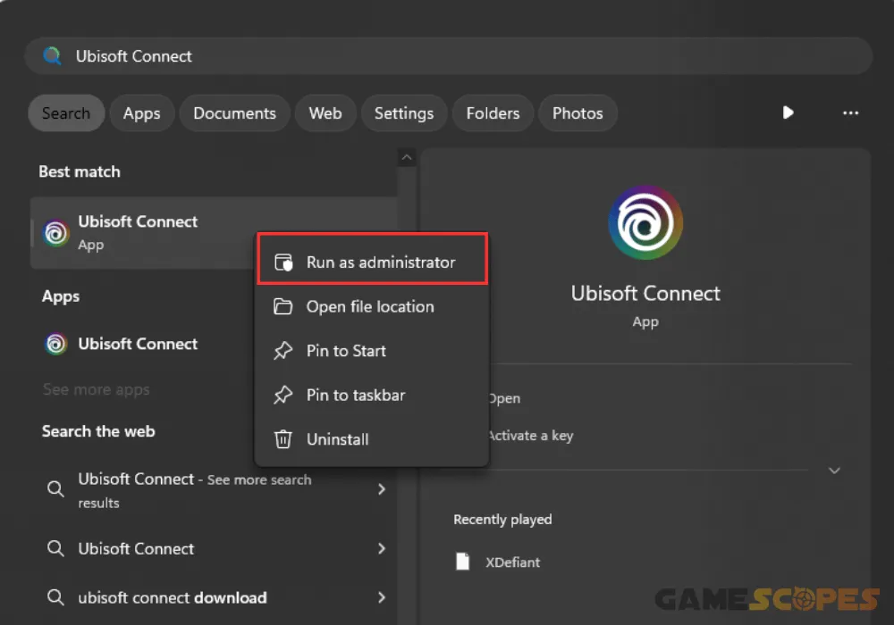 The image shows how to run Ubisoft Connect as an administrator.