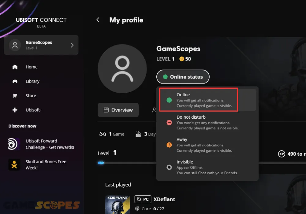 The image shows how to check the activity status of the Ubisoft Connect launcher.