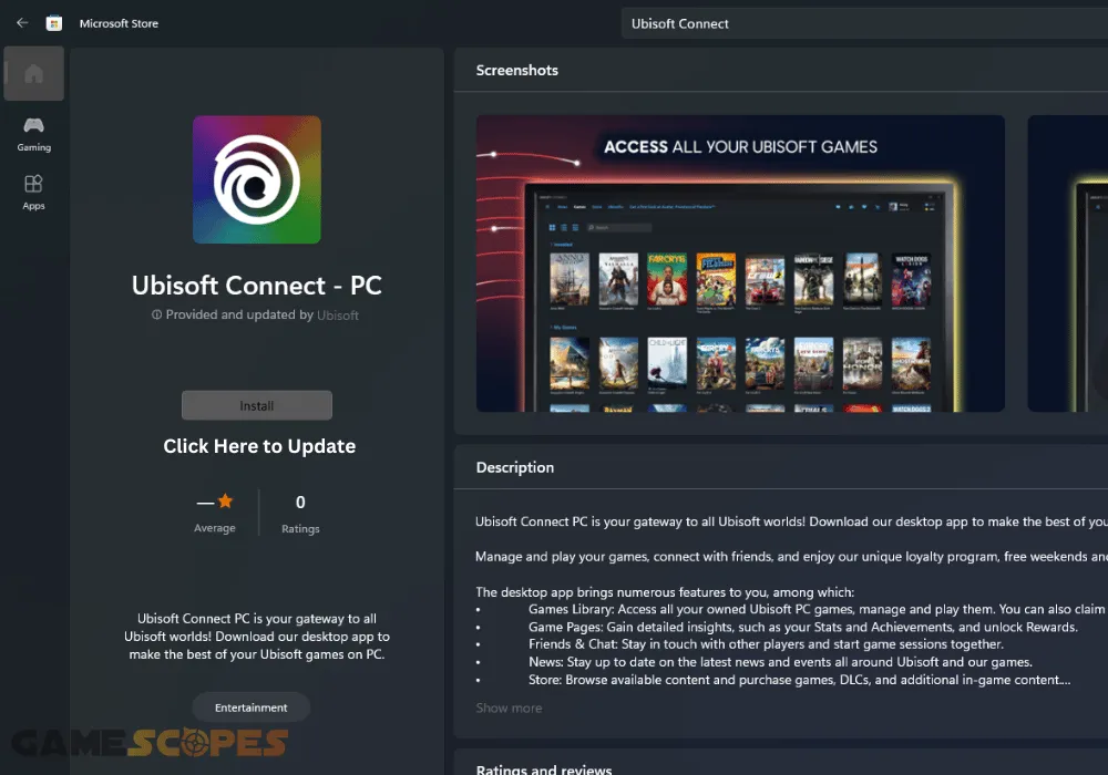 The image shows that you can download the Ubisoft Connect launcher from the Microsoft Store.