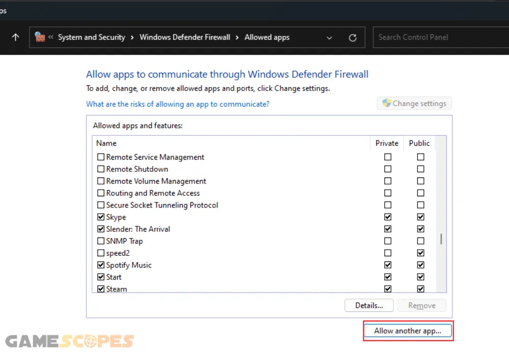 The image shows how to search for games through the Windows Firewall.