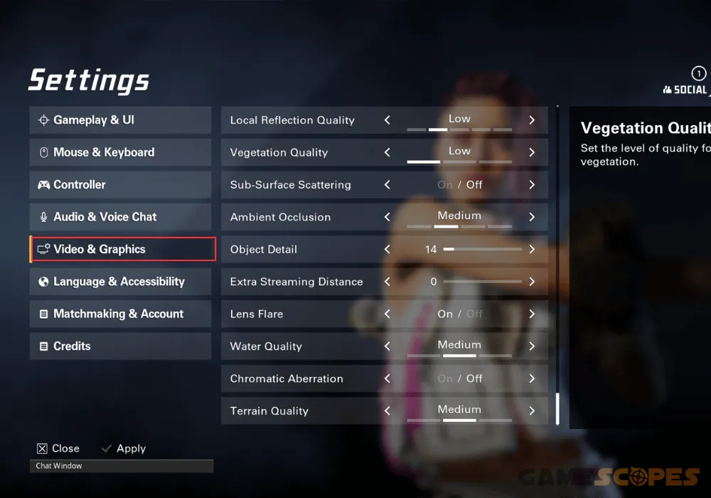 The last part of the "Graphics" settings configuration for best FPS in XDefiant.