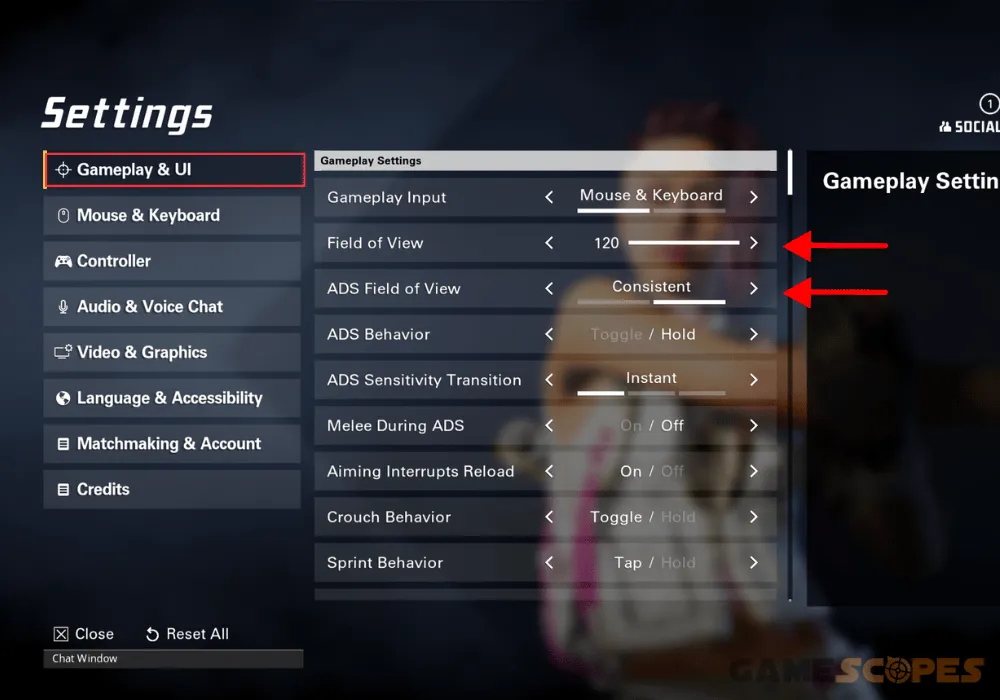The image shows how to adjust the "Gameplay" settings to fix the XDefiant low FPS.