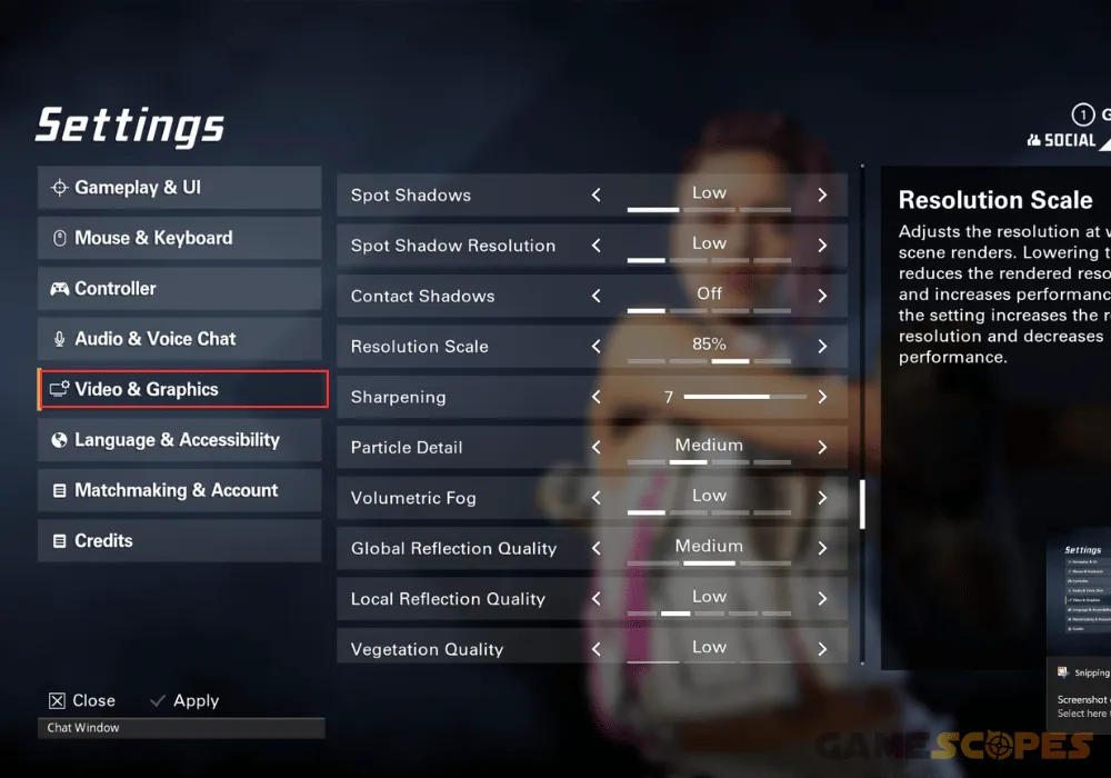 Another image showing the reset of the "Graphics" settings for maximum FPS in XDefiant.