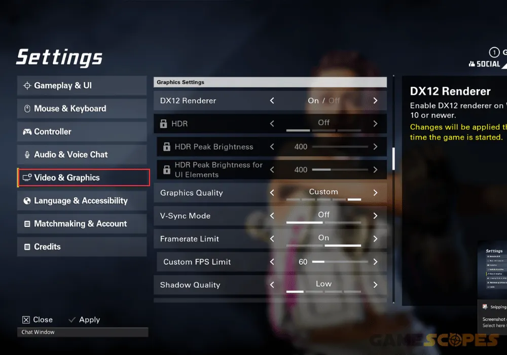 The image shows how to adjust the "Graphics" settings to fix the XDefiant low FPS.